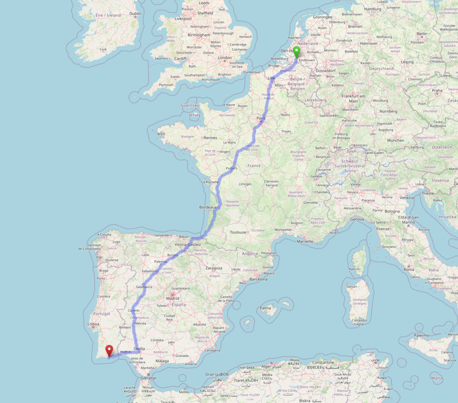 Our 2300km roadtrip from home (Breda, Netherlands) to our AirBNB in Portugal (Almancil).