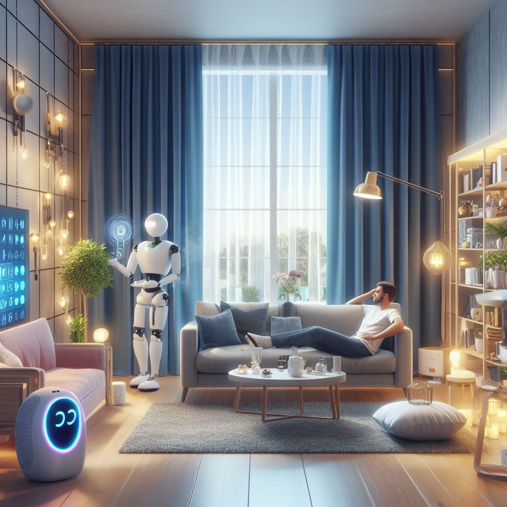 This posts thumbnail image, generated by [DALLE-3](https://openai.com/dall-e-3) using the following prompt: *“A cozy living room filled with smart gadgets like voice-controlled lighting, automatic curtains, and a smart thermostat. There is a humanoid butler robot working. A man is sitting in the couche daydreaming. Use a photorealistic style”*