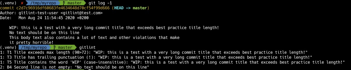 Running the `gitlint` command lints your last commit message and prints out style violations.