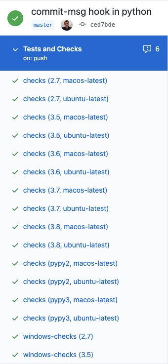 What peace-of-mind looks like. At the time of writing, gitlint has 190+ tests as well as various static analysis checks running on every commit on various python versions and operating systems.