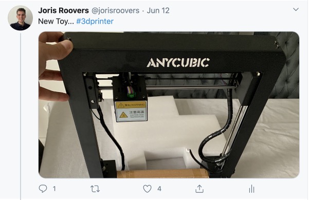 I got myself the [AnyCubic i3 Mega S](https://www.anycubic.com/products/anycubic-i3-mega-s), an affordable entry-level printer. [Tweet](https://twitter.com/jorisroovers/status/1271495323043745793)