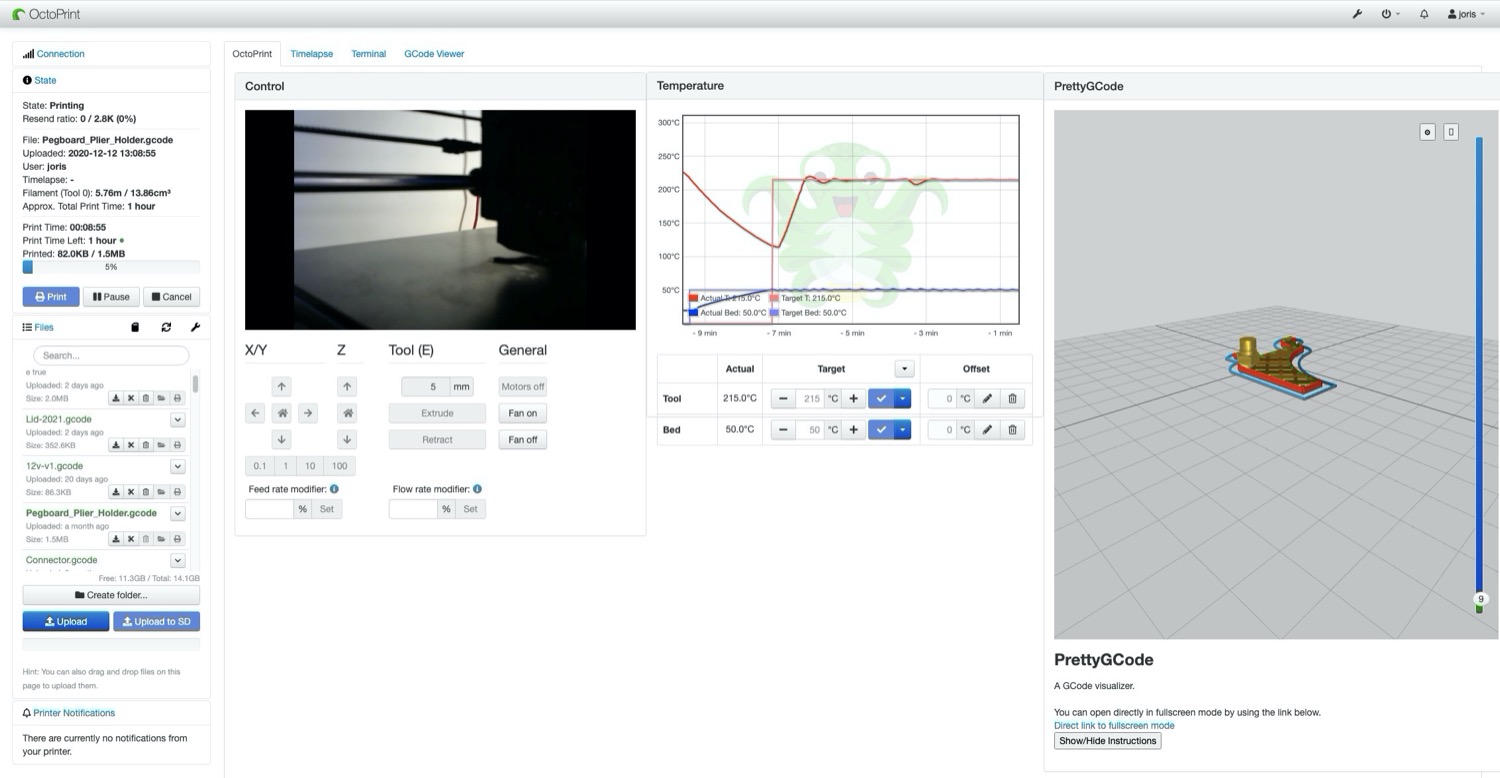 Octoprint web interface, showing file management, camera feed, printer temperature, GCODE slide visualization