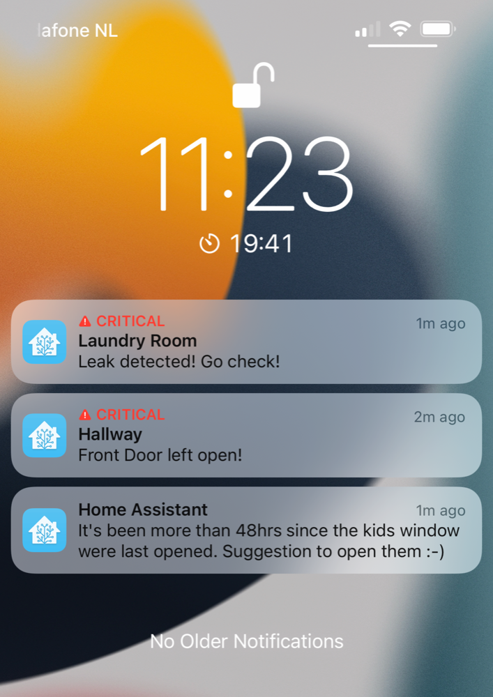 Mobile notifications via the [Home Assistant mobile app](https://companion.home-assistant.io/) (also available for Android).