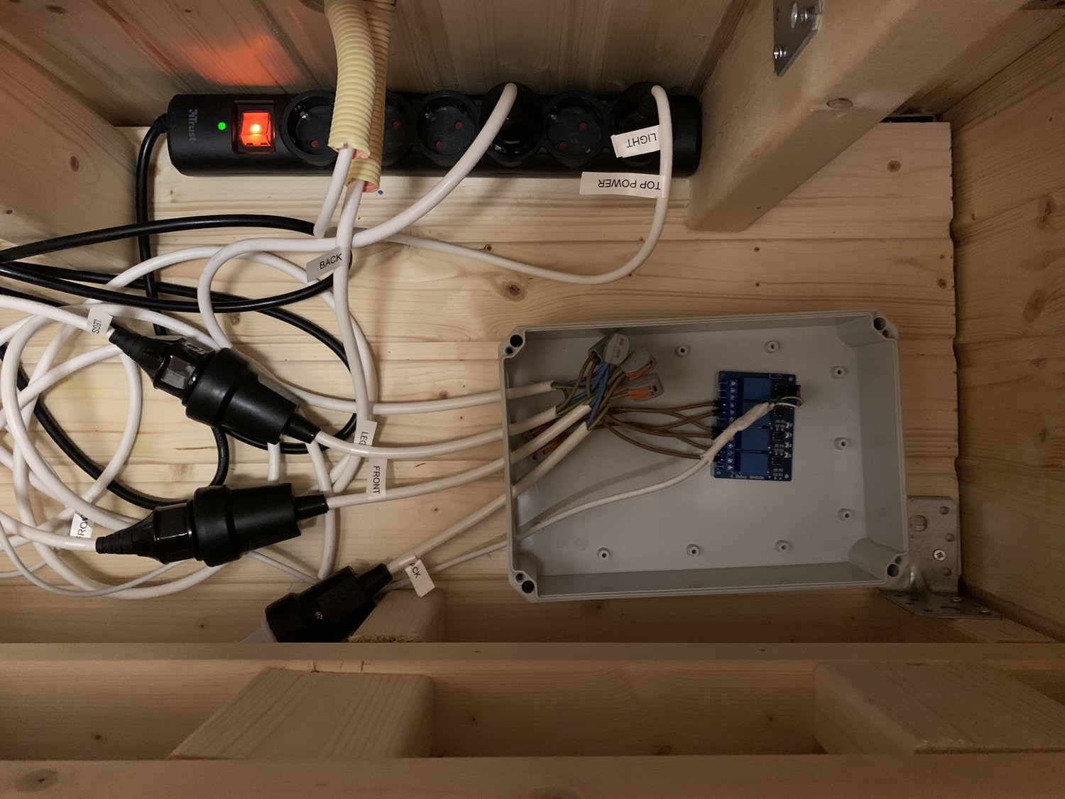 Relay box installed underneath the bench in the sauna.
