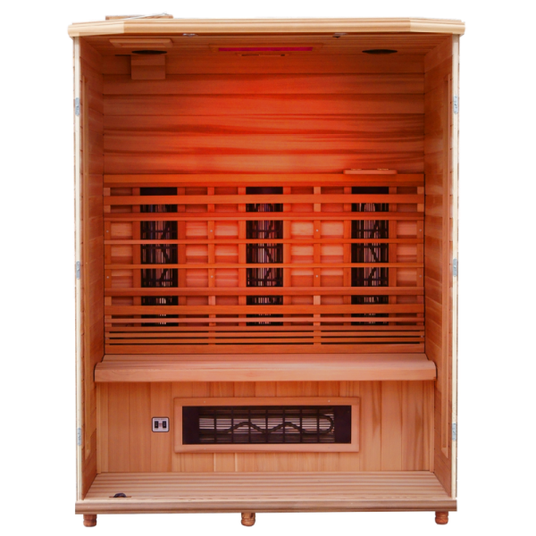 Cross-section of a 3-person infrared sauna. The heat comes from multiple infrared heaters which replace the sauna rocks you find in traditional dry saunas. Source: [Healthmate](https://healthmateinfraredsaunas.com/sauna/health-mate-enrich-3-infrared-sauna/)