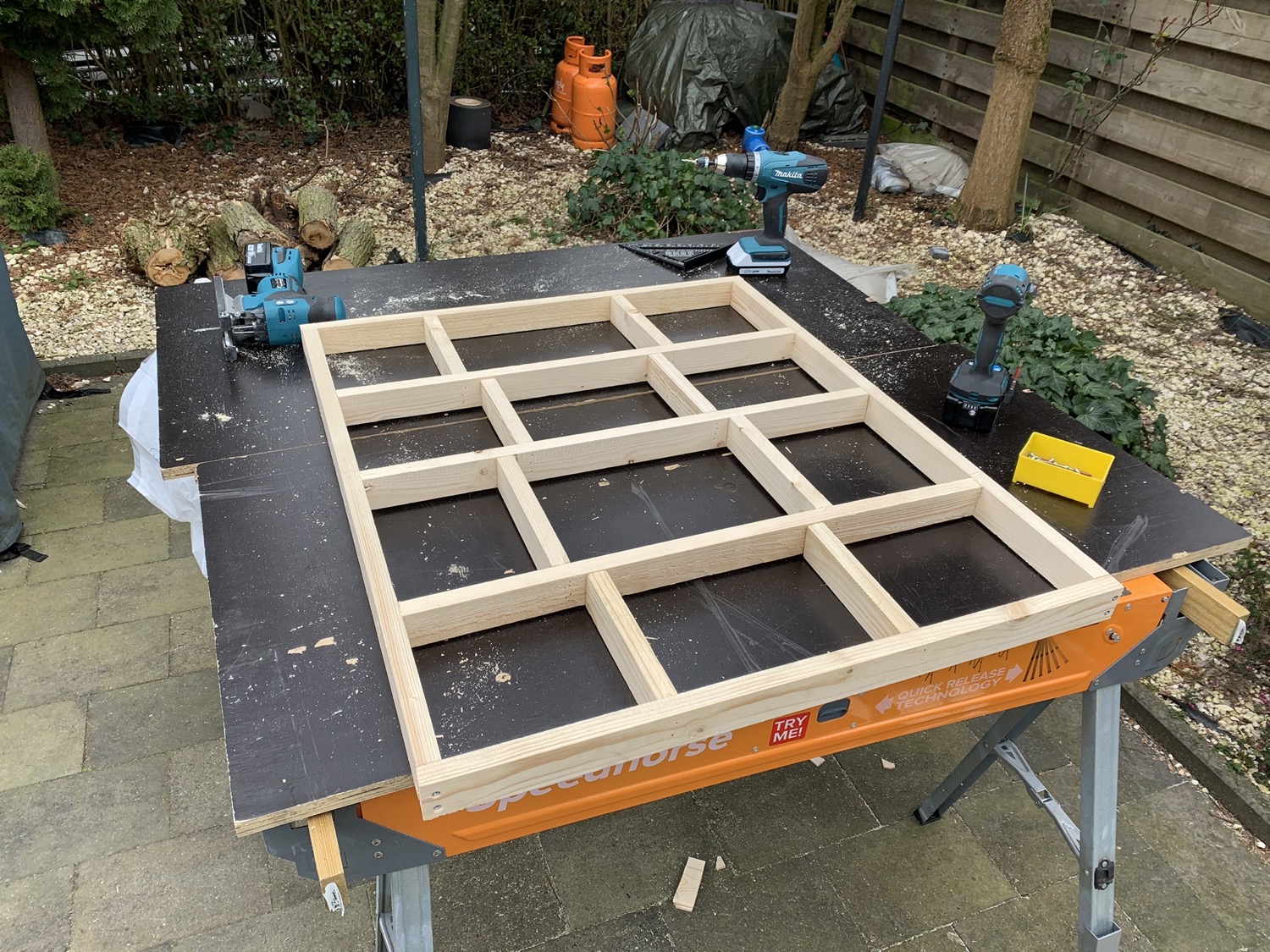 Floor frame, with extra cross beams (*noggins*) for weight support.