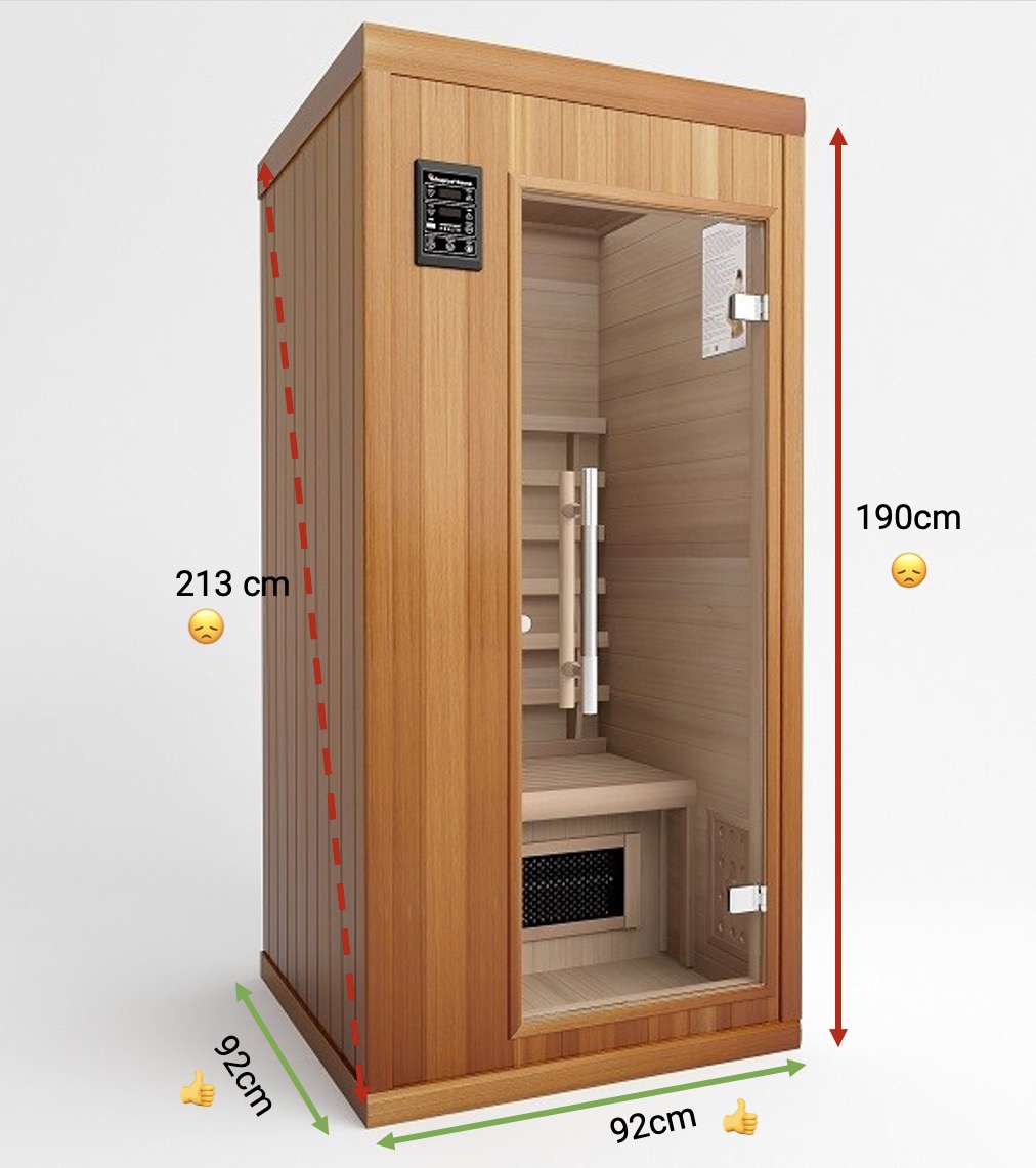 I really liked this sauna, but it's too tall for the attic. Note that you have to consider the 213cm panel diagonal as well: you need to have to enough ceiling clearing when putting the panels upright during assembly. Source: [SuperSauna](https://www.supersauna.nl/infrarood-sauna-cabine/1-peroons.html), annotations mine.