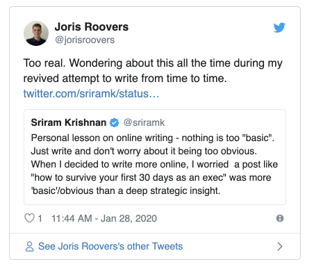 Isn't my blog post just stating the super obvious? Something I often spend way too much time worrying about. [Tweet](https://twitter.com/jorisroovers/status/1222092977557987328)