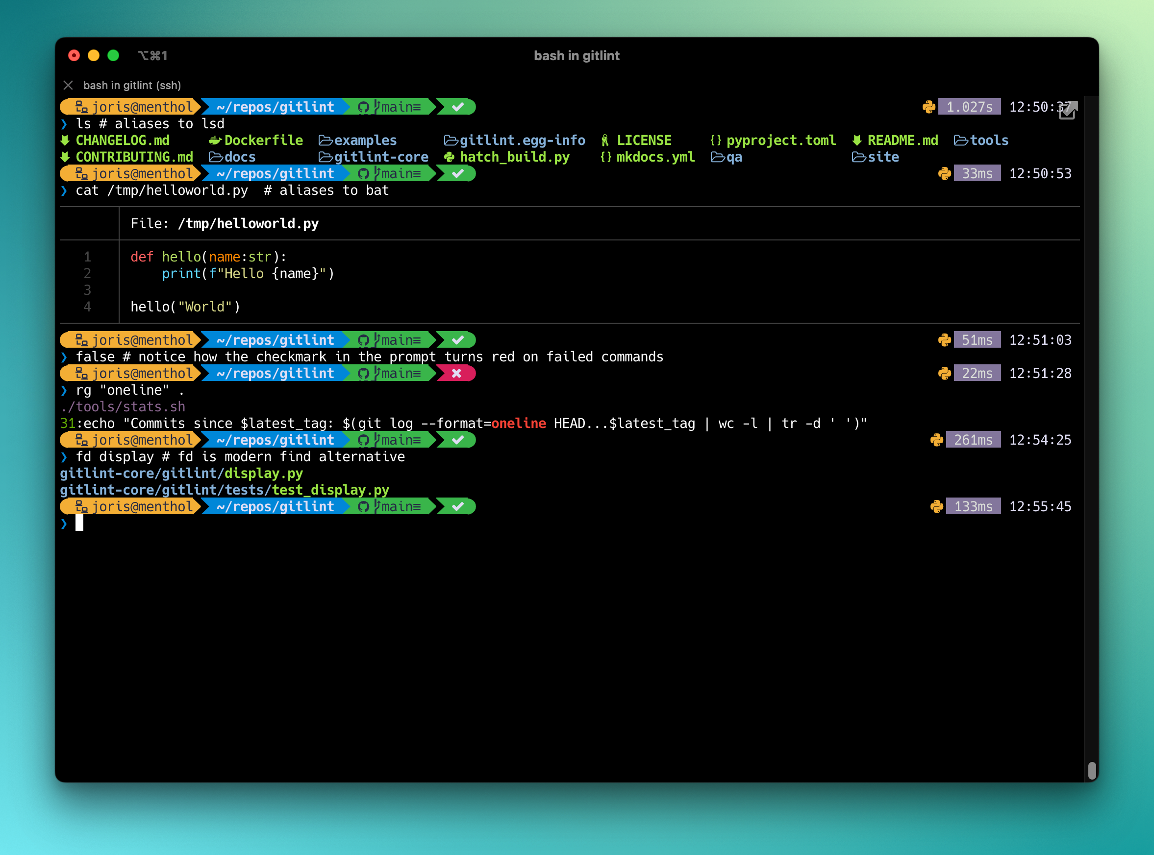 iTerm terminal window using an Oh My Posh prompt, showing some of the commandline tools listed in this post.
