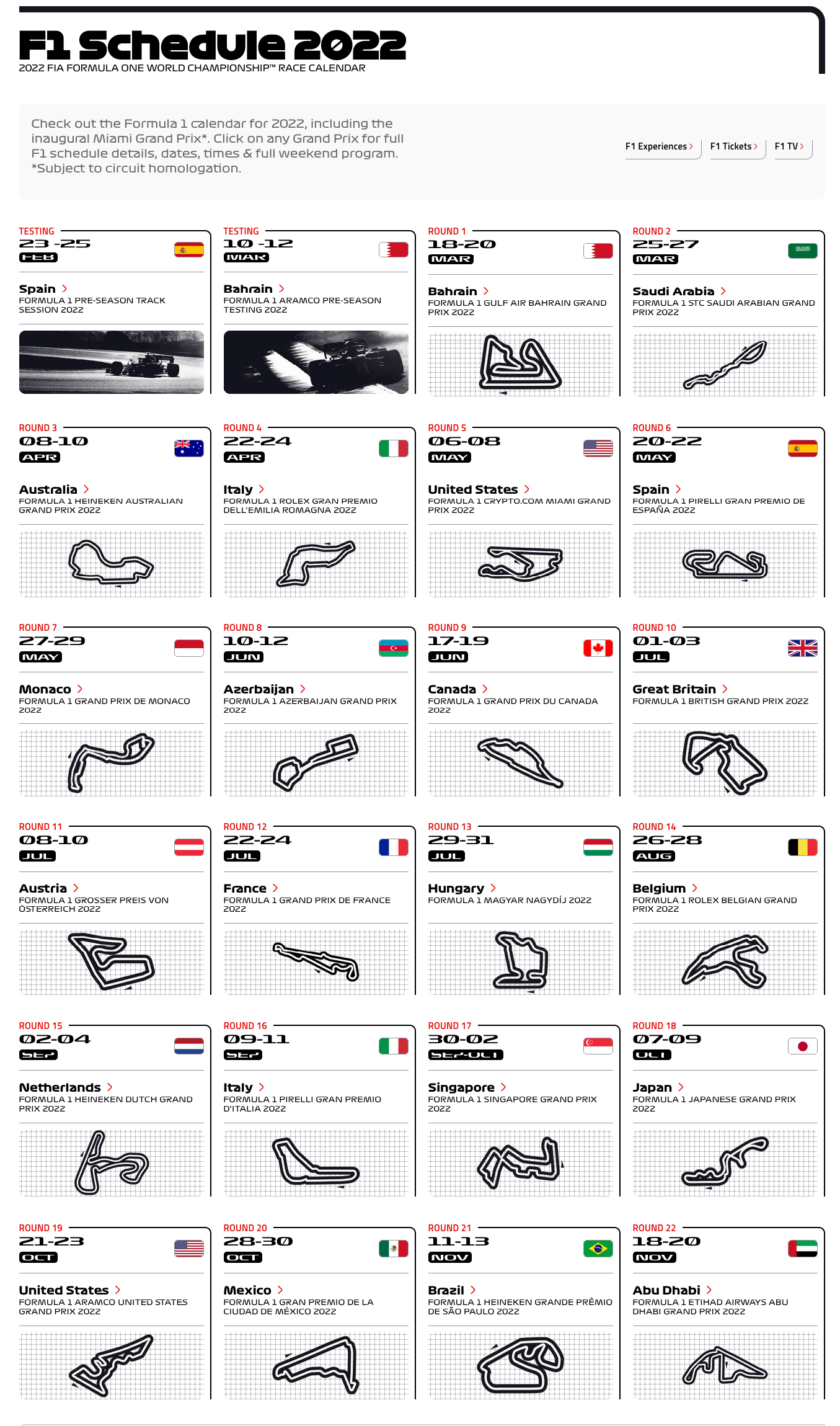 The Formula 1 2022 schedule. Source: [Official F1 website](https://www.formula1.com/en/racing/2022.html)