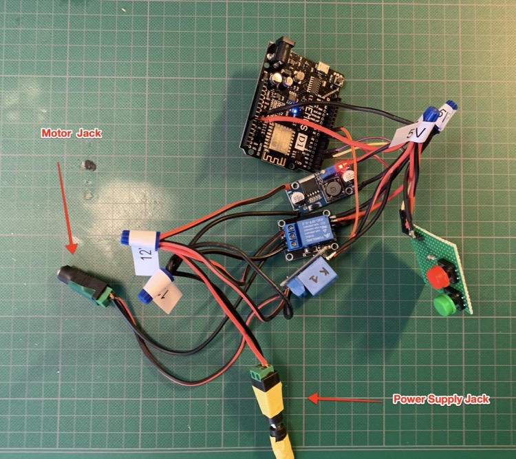 Using power-jacks to connect the motor, control circuitry and power supply.